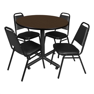 Kobe 42&quot Round Breakroom Table- Neo Walnut & 4 Restaurant Stack Chairs- Black