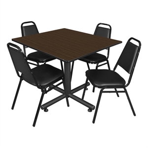 Kobe 48&quot Square Breakroom Table- Neo Walnut & 4 Restaurant Stack Chairs- Black