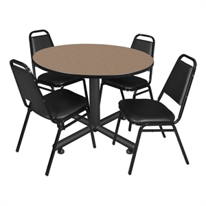 Kobe 48&quot Round Breakroom Table- Noble Oak & 4 Restaurant Stack Chairs- Black