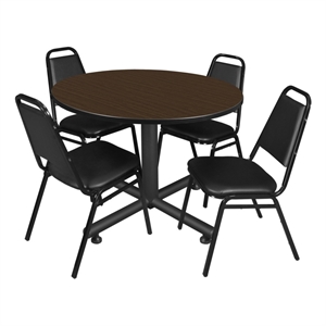 Kobe 48&quot Round Breakroom Table- Neo Walnut & 4 Restaurant Stack Chairs- Black