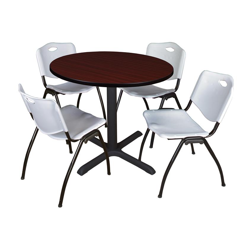 Regency Round Lunchroom Table and 4 Grey M Stack Chairs in Mahogany