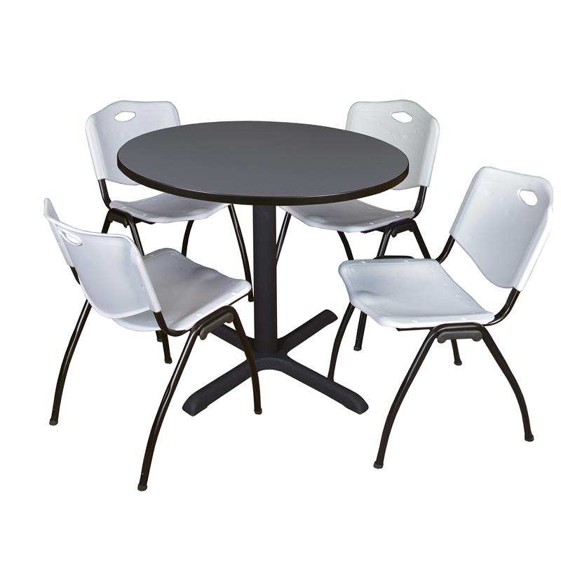 Regency Round Lunchroom Table and 4 Grey M Stack Chairs in Grey