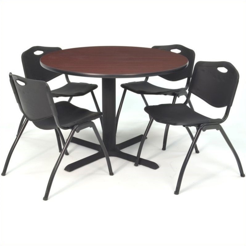 Regency Round Lunchroom Table and 4 Black M Stack Chairs in Mahogany