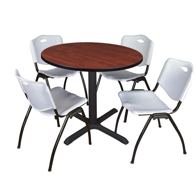 Regency Round Lunchroom Table and 4 Grey M Stack Chairs in Cherry