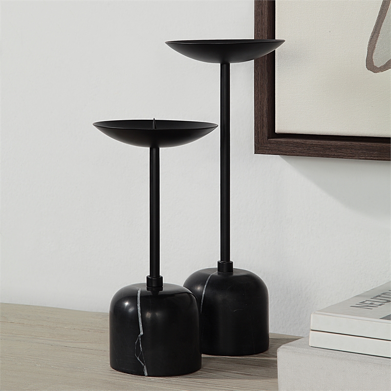 Uma Indoor Iron Set Of 2 Pillar Candle Holder Matte Black