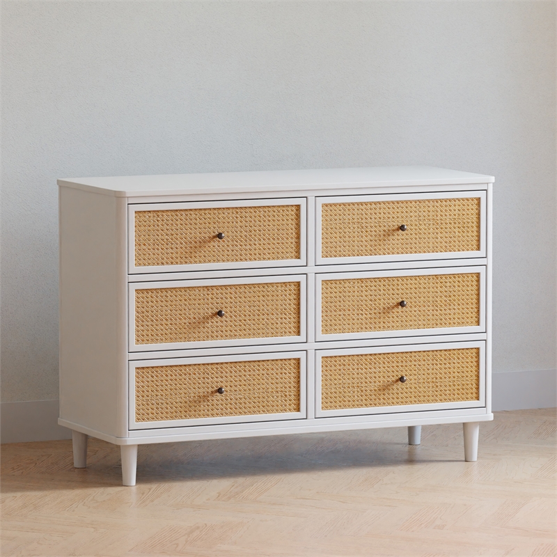 Namesake Marin with Cane 6 Drawer Assembled Dresser in Warm White and Honey Cane