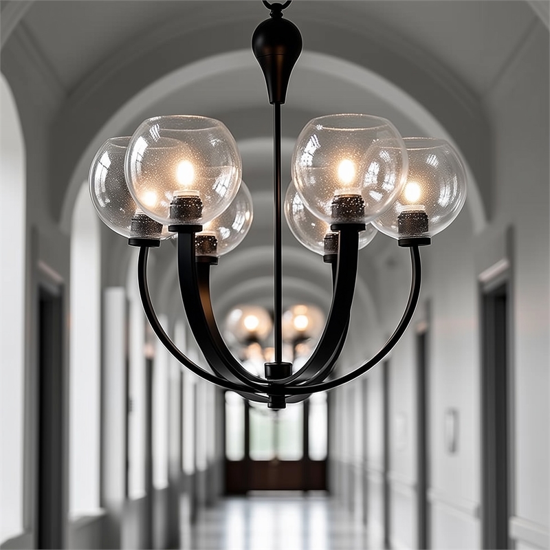 Yosemite Home Decor Orion 6-Light Metal Chandelier in Clear Seeded/Matte Black