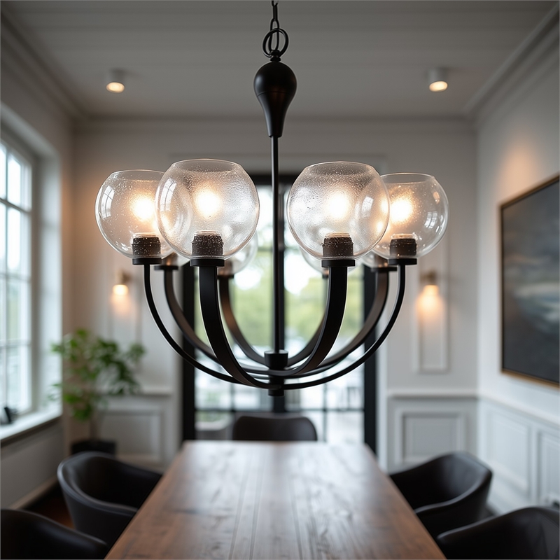 Yosemite Home Decor Orion 6-Light Metal Chandelier in Clear Seeded/Matte Black