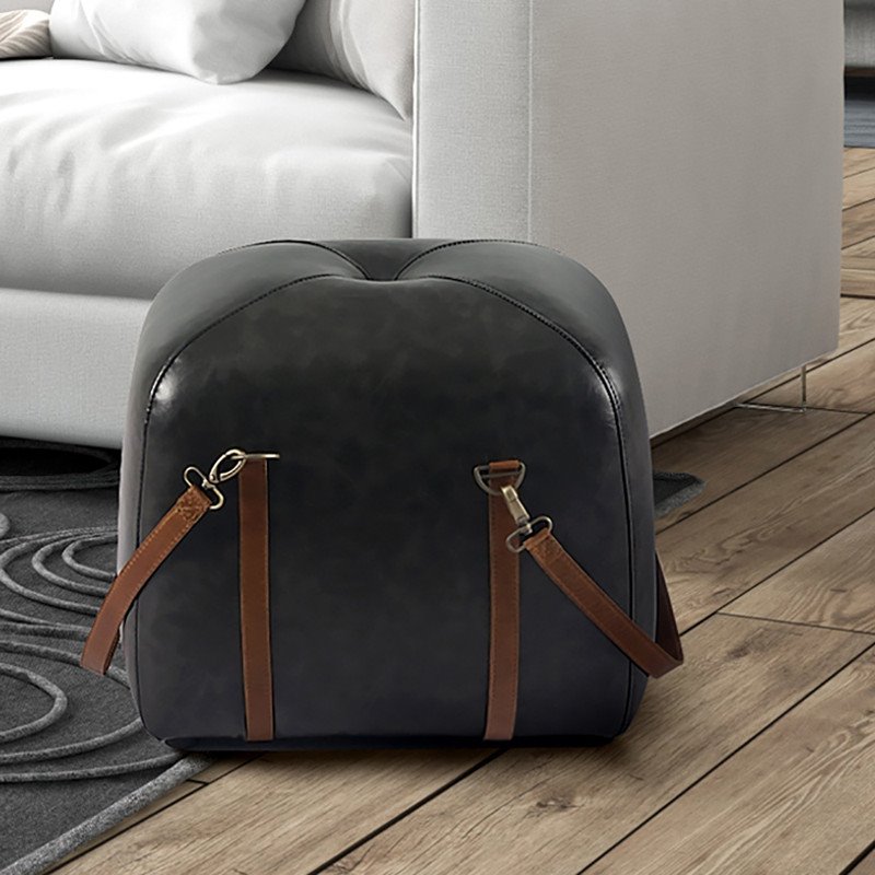 Yosemite Home Decor Amel Transitional Leather Ottoman Pouf in Black
