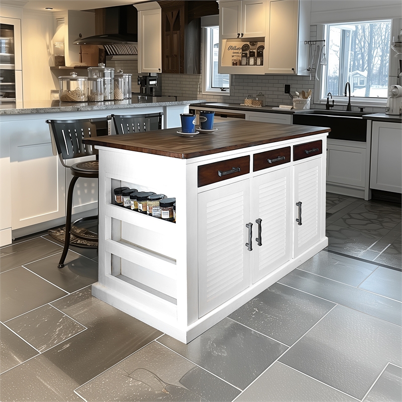 Yosemite Home Decor Wood Kitchen Island with Butcher Block Top in Logan White