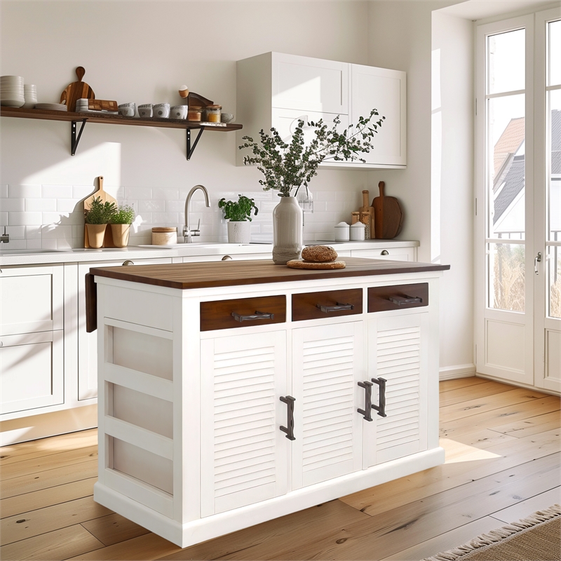 Yosemite Home Decor Wood Kitchen Island with Butcher Block Top in Logan White