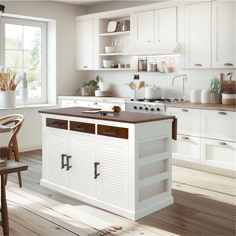 Yosemite Home Decor Wood Kitchen Island with Butcher Block Top in Logan White