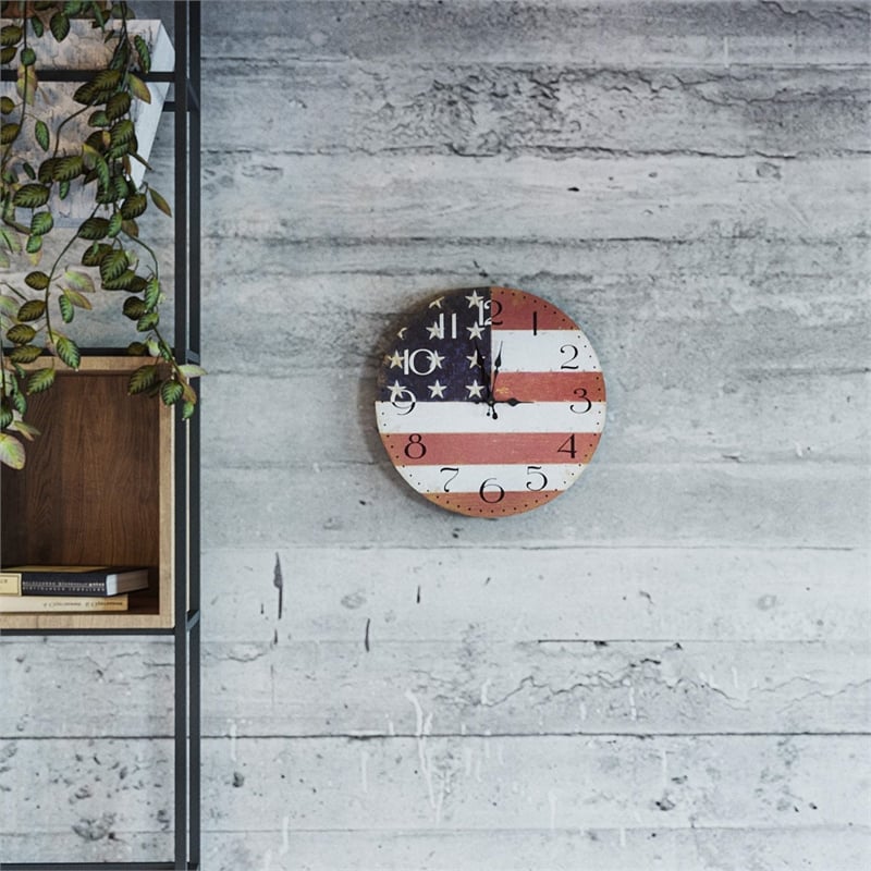 Yosemite Circular Wooden Wall Clock with American Flag Print in Multi-Color