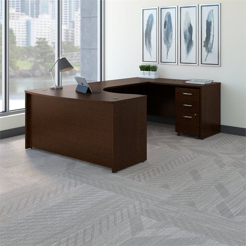 Series C 60W RH Bow Front U Desk with Drawers in Mocha Cherry - Engineered Wood