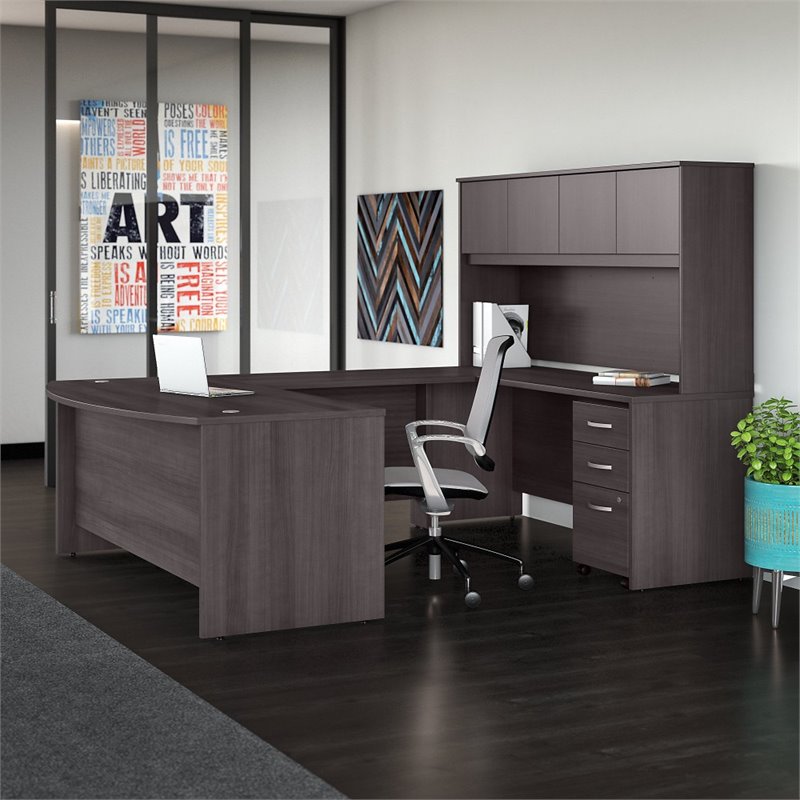 Studio C 72W x 36D U Desk with Hutch and Drawers in Storm Gray - Engineered Wood