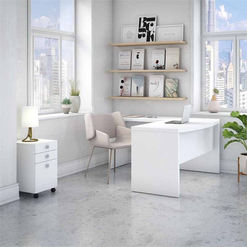 Echo L Shaped Bow Front Desk with Drawers in Pure White - Engineered Wood