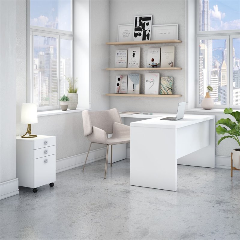 Echo L Shaped Desk with Mobile File Cabinet in Pure White - Engineered Wood