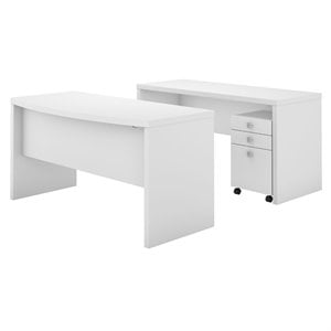 Echo Bow Front Desk and Credenza w/ Drawers in Pure White - Engineered Wood