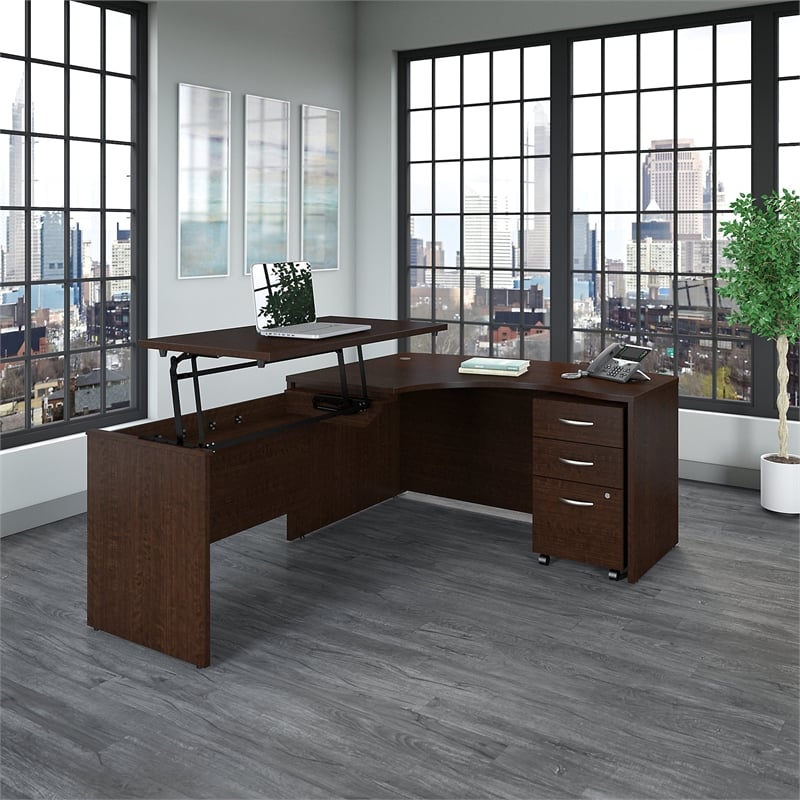 Series C 60W Left Sit to Stand L Shaped Desk Office Set in Mocha Cherry