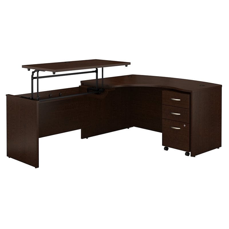 Series C 60W Left Sit to Stand L Shaped Desk Office Set in Mocha Cherry