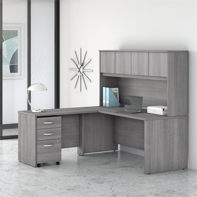 Studio C 72W L Shaped Desk with Hutch and File Cabinet in Gray - Engineered Wood