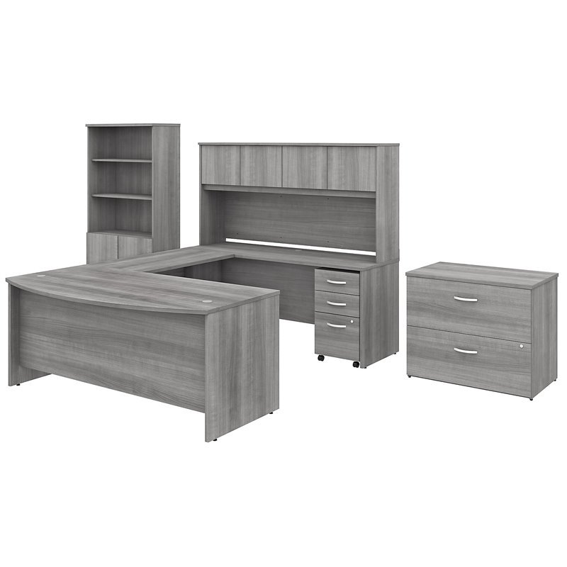 Studio C 72W x 36D U Shaped Desk with Storage and Hutch in Gray -Engineered Wood