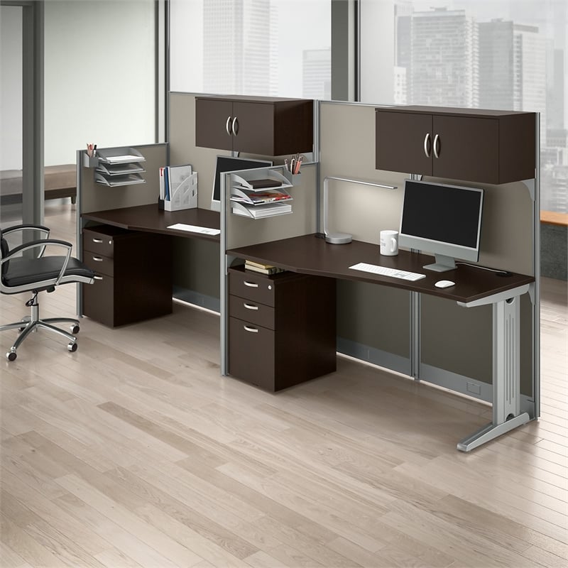 Office in an Hour 2 Person Cubicle Desk Set in Mocha Cherry - Engineered Wood