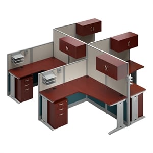 Office in an Hour 4 Person L Cubicle Desk Set in Hansen Cherry - Engineered Wood