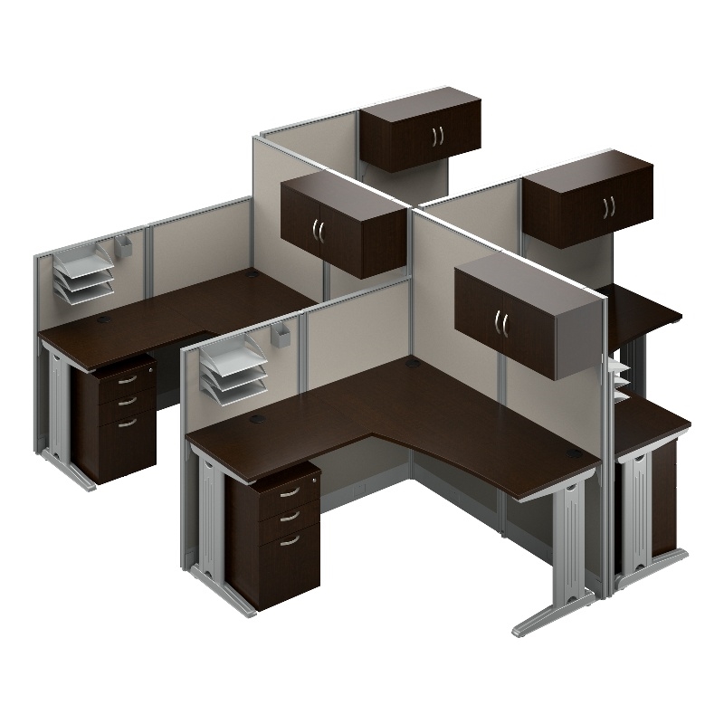 Office in an Hour 4 Person L Cubicle Desk Set in Mocha Cherry - Engineered Wood