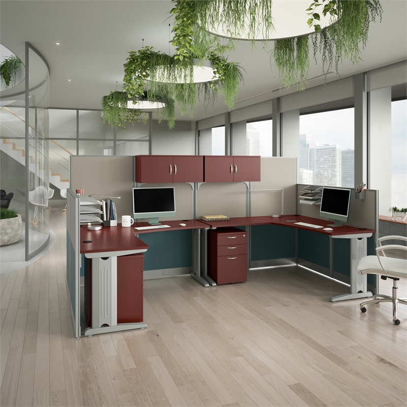Office in an Hour 2 Person L Cubicle Desk Set in Hansen Cherry - Engineered Wood