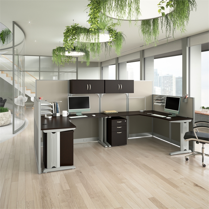 Office in an Hour 2 Person L Cubicle Desk Set in Mocha Cherry - Engineered Wood