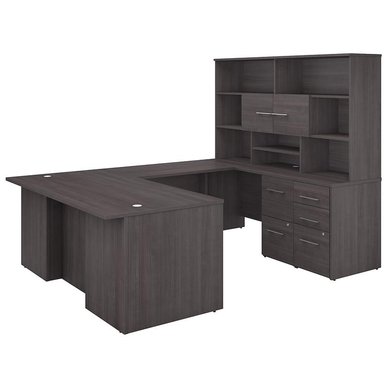 Office 500 72W U Shaped Desk with Hutch in Storm Gray - Engineered Wood