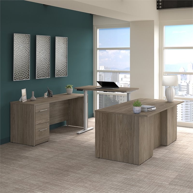 Office 500 Height Adjustable U Shaped Desk in Modern Hickory - Engineered Wood