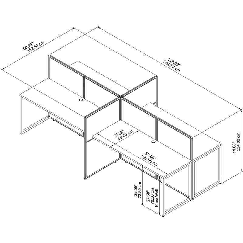 Easy Office 60W 4 Person Desk with 45H Panels in White - Engineered Wood