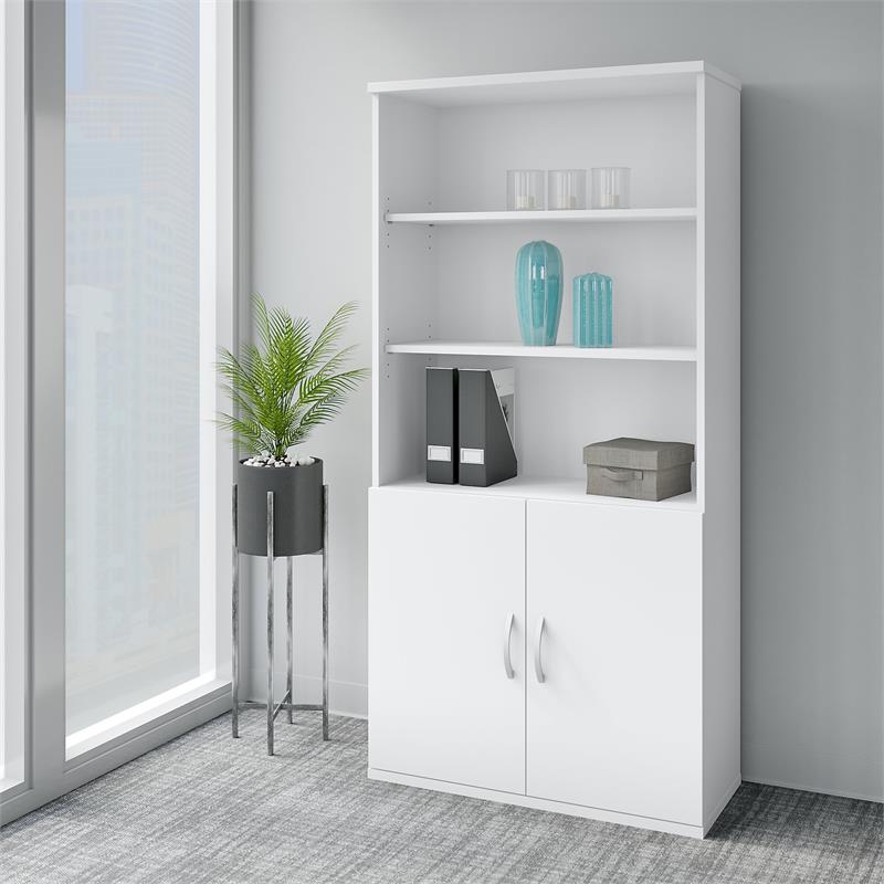 Easy Office 5 Shelf Bookcase with Doors in Pure White - Engineered Wood