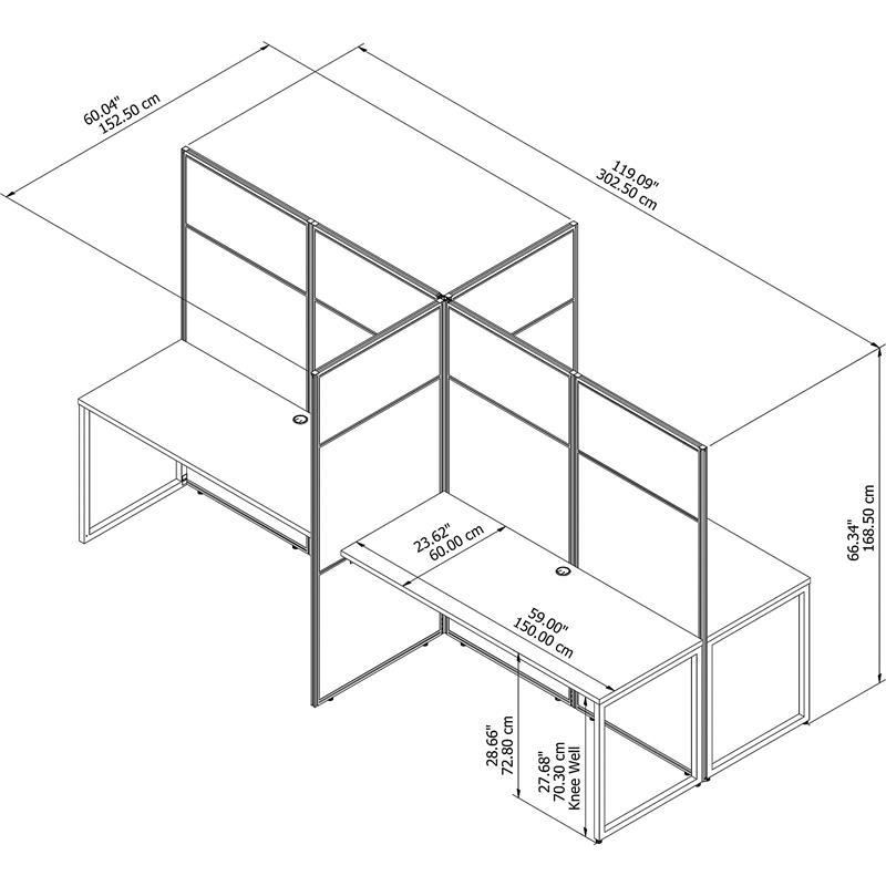 Easy Office 60W 4 Person Desk with 66H Panels in White - Engineered Wood