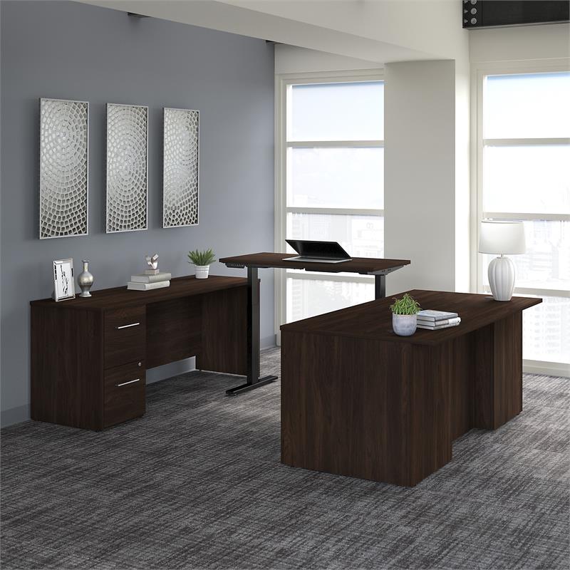 Office 500 72W Height Adjustable U Shaped Desk in Black Walnut - Engineered Wood