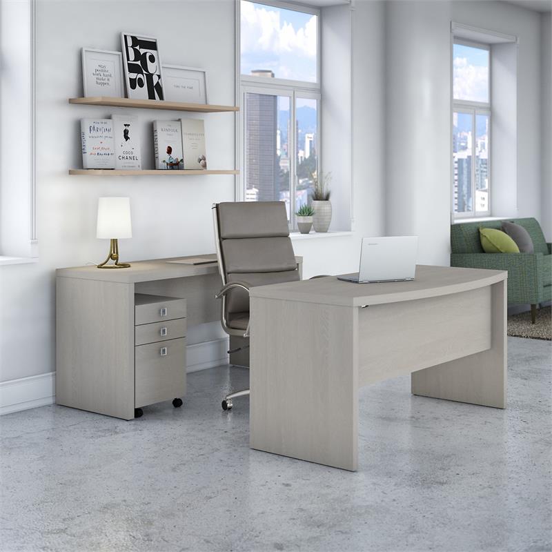 Echo Bow Front Desk and Credenza w/ Drawers in Gray Sand - Engineered Wood
