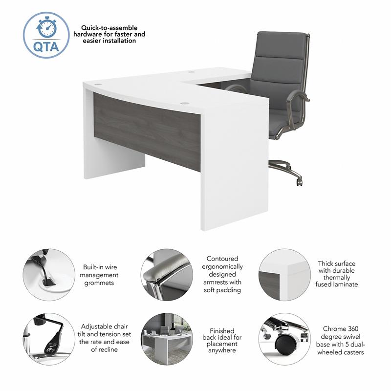 Echo L Shaped Bow Front Desk with Chair in White & Gray - Engineered Wood