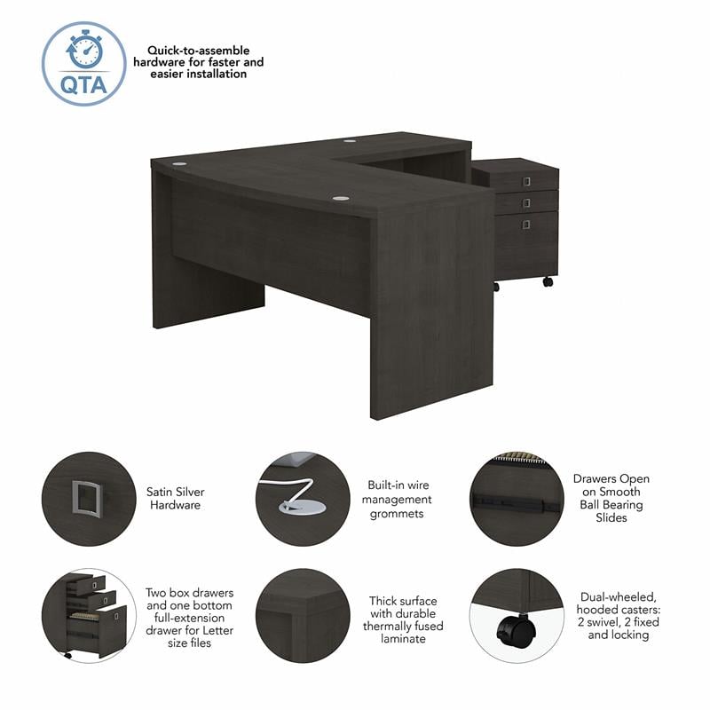 Echo L Shaped Bow Front Desk with Drawers in Charcoal Maple - Engineered Wood