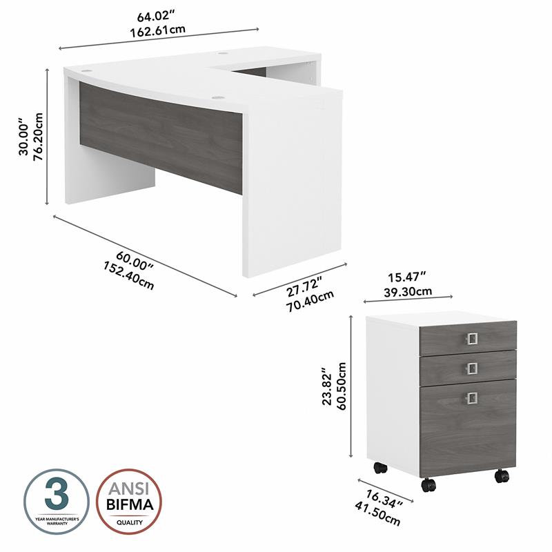 Echo L Shaped Bow Front Desk with Drawers in White & Gray - Engineered Wood