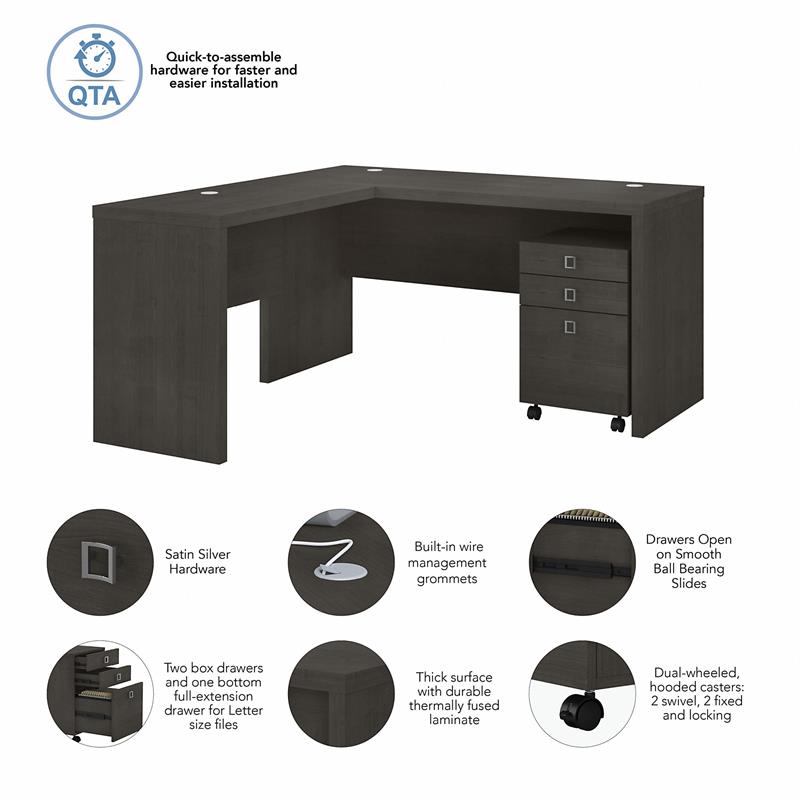 Echo L Shaped Desk with Mobile File Cabinet in Charcoal Maple - Engineered Wood