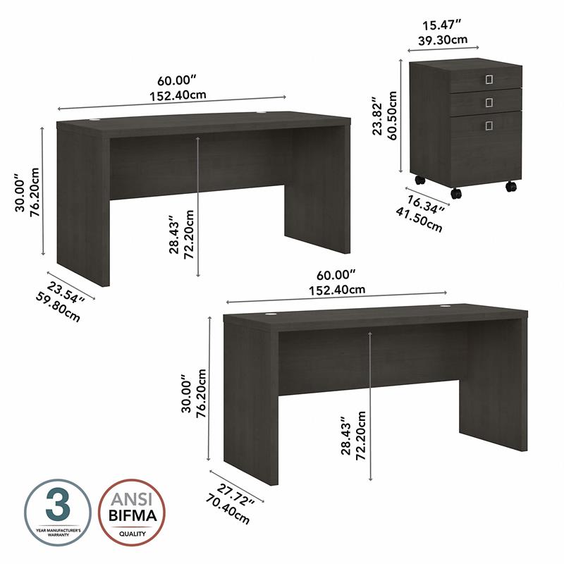 Echo Bow Front Desk and Credenza w/ Drawers in Charcoal Maple - Engineered Wood