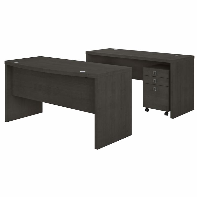 Echo Bow Front Desk and Credenza w/ Drawers in Charcoal Maple - Engineered Wood