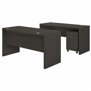 Echo Bow Front Desk and Credenza w/ Drawers in Charcoal Maple - Engineered Wood