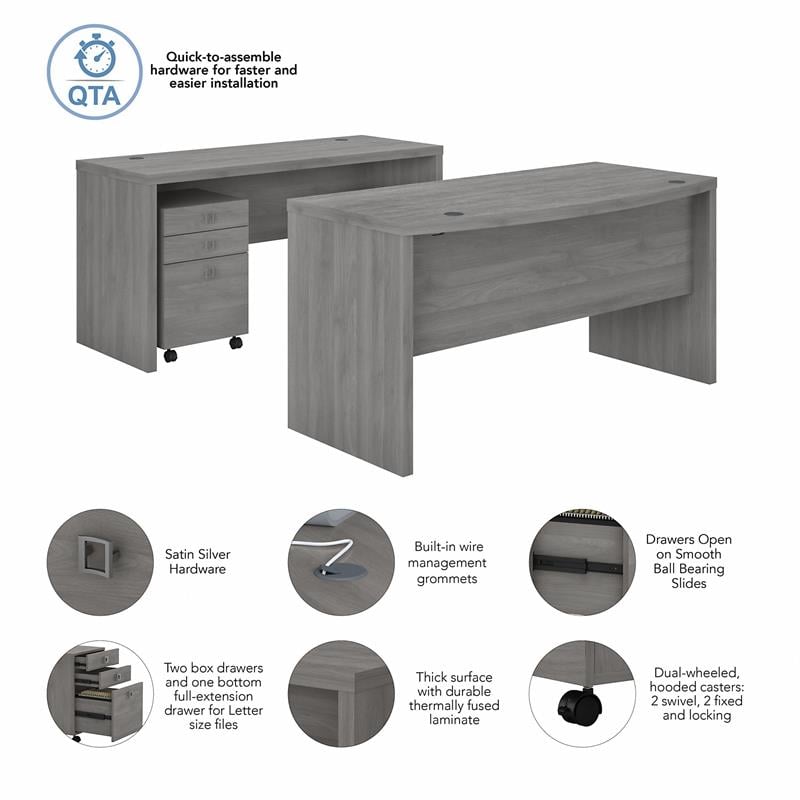 Echo Bow Front Desk and Credenza w/ Drawers in Modern Gray - Engineered Wood