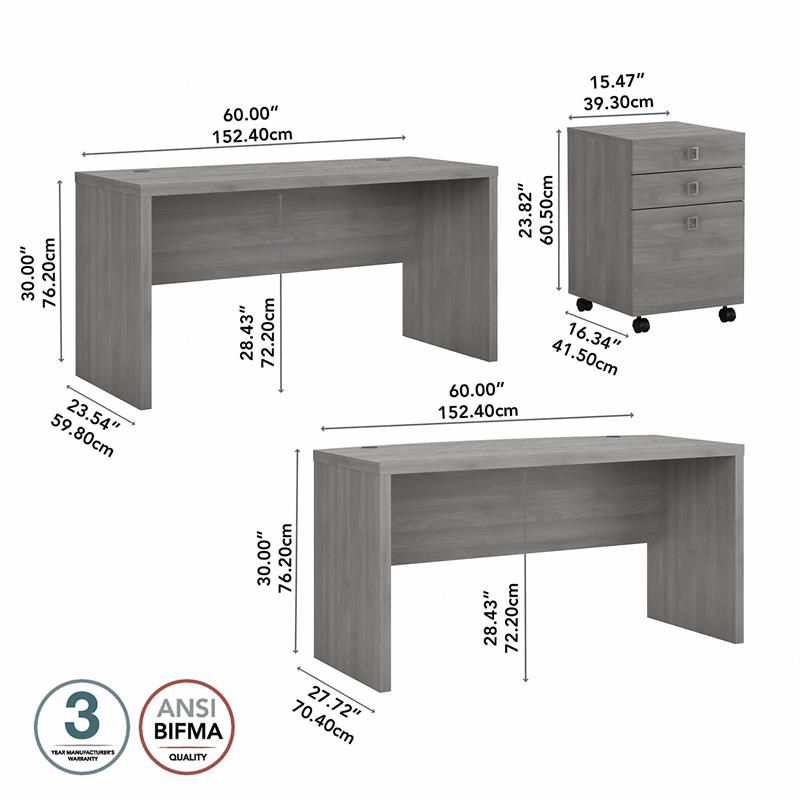 Echo Bow Front Desk and Credenza w/ Drawers in Modern Gray - Engineered Wood