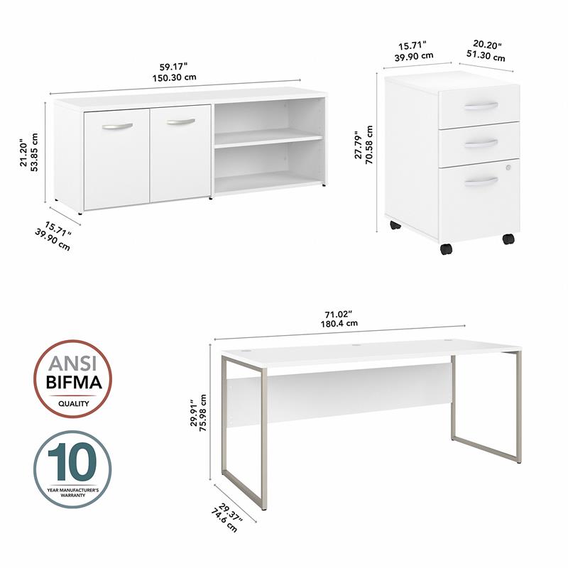 Hybrid 72W Desk with Storage and Drawers in White - Engineered Wood