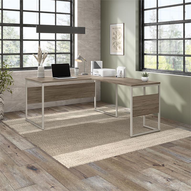 Hybrid 60W x 30D L Shaped Table Desk in Modern Hickory - Engineered Wood