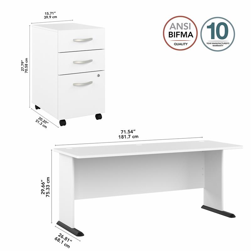 Studio A 72W Computer Desk with Drawers in White - Engineered Wood